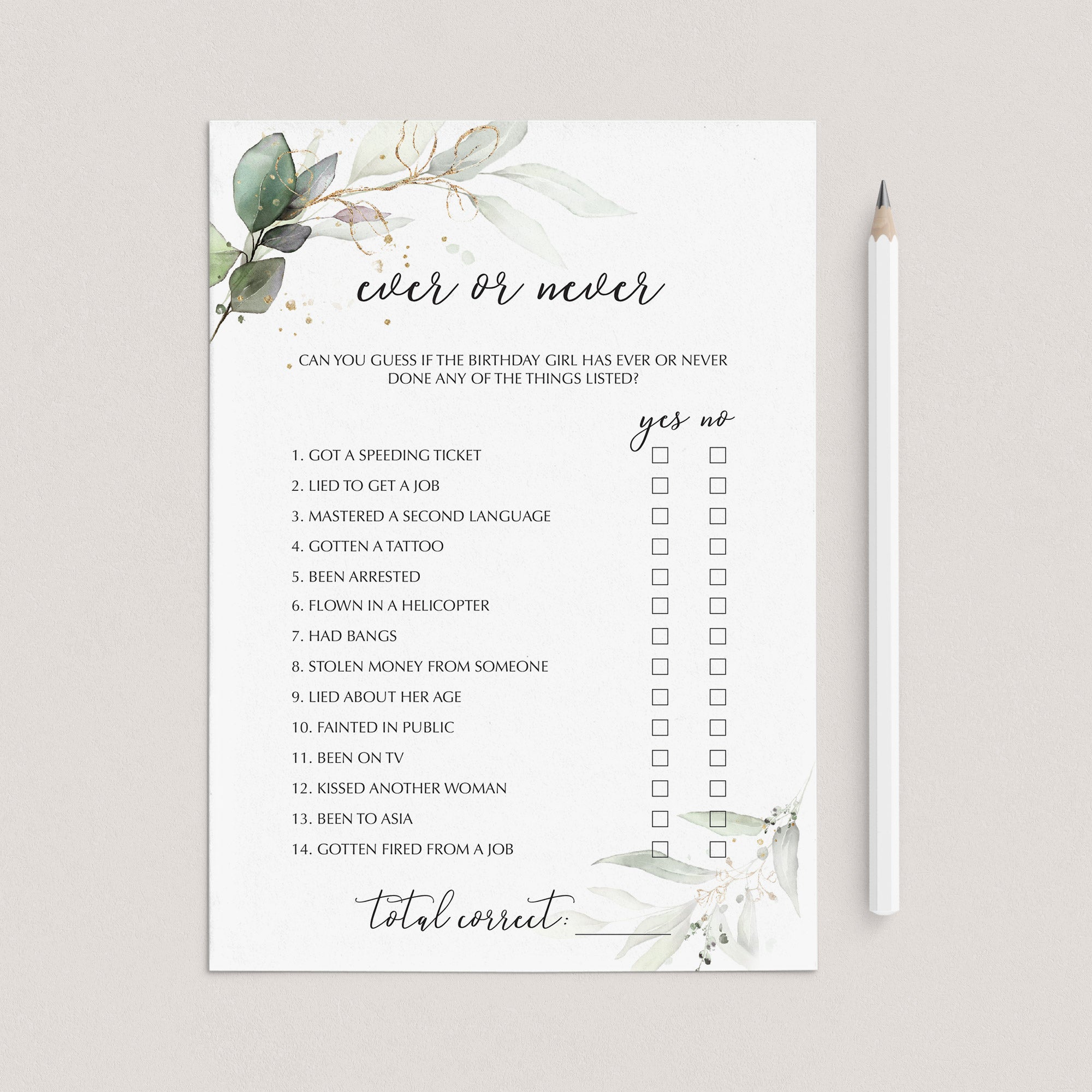 Adult Ever or Never Birthday Game Printable Greenery Gold by LittleSizzle