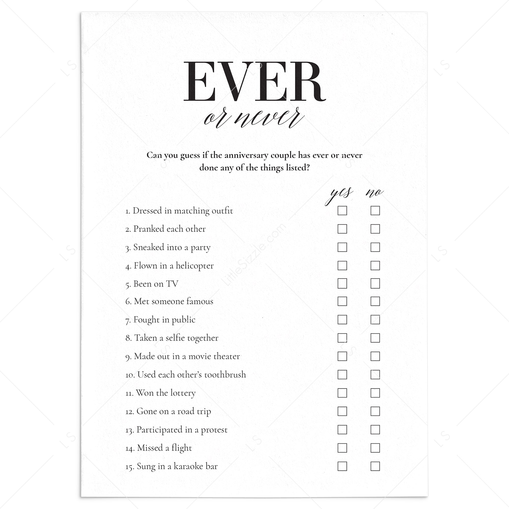Wedding Anniversary Party Game Ever or Never Printable by LittleSizzle