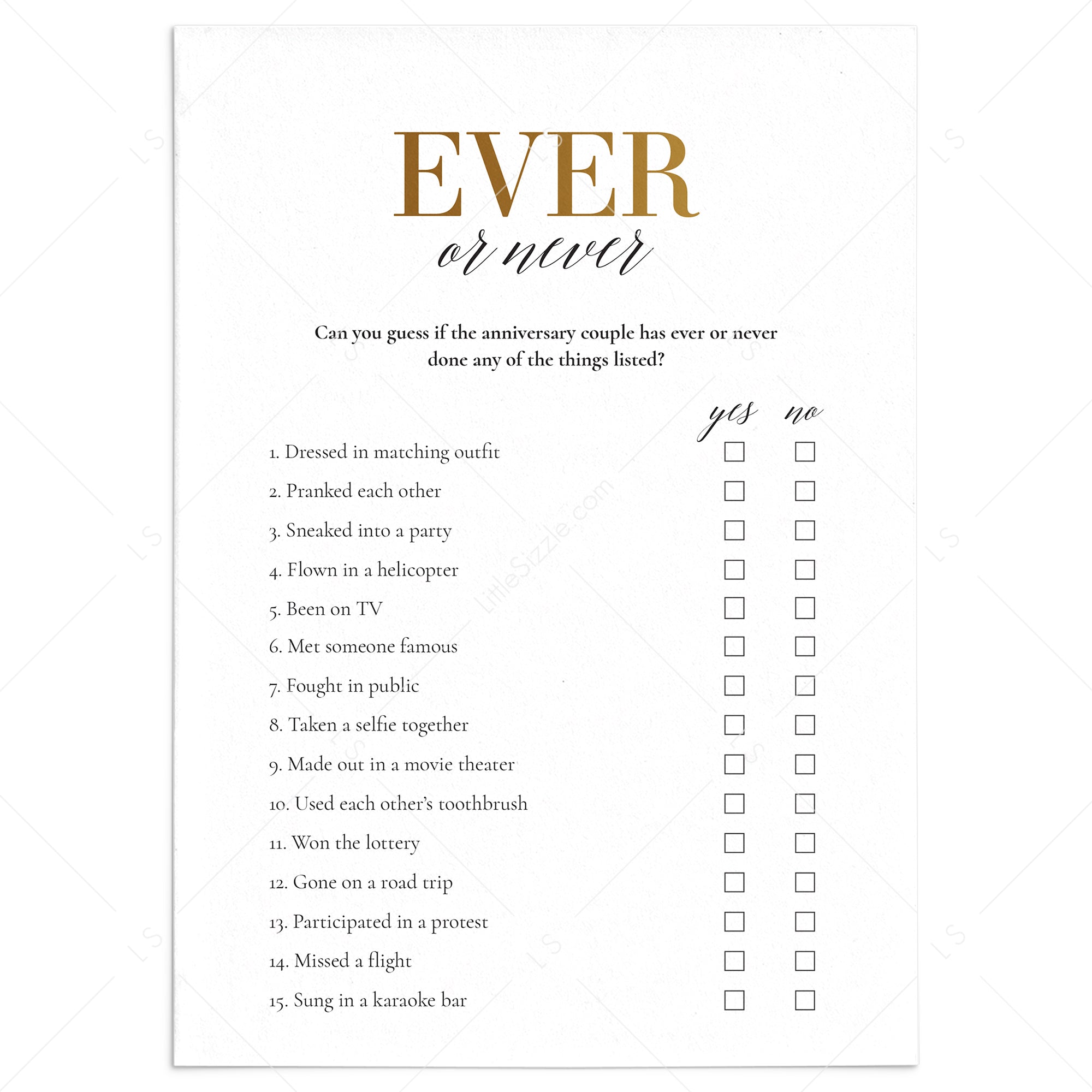 Golden Anniversary Party Game Ever or Never Printable | 50th ...