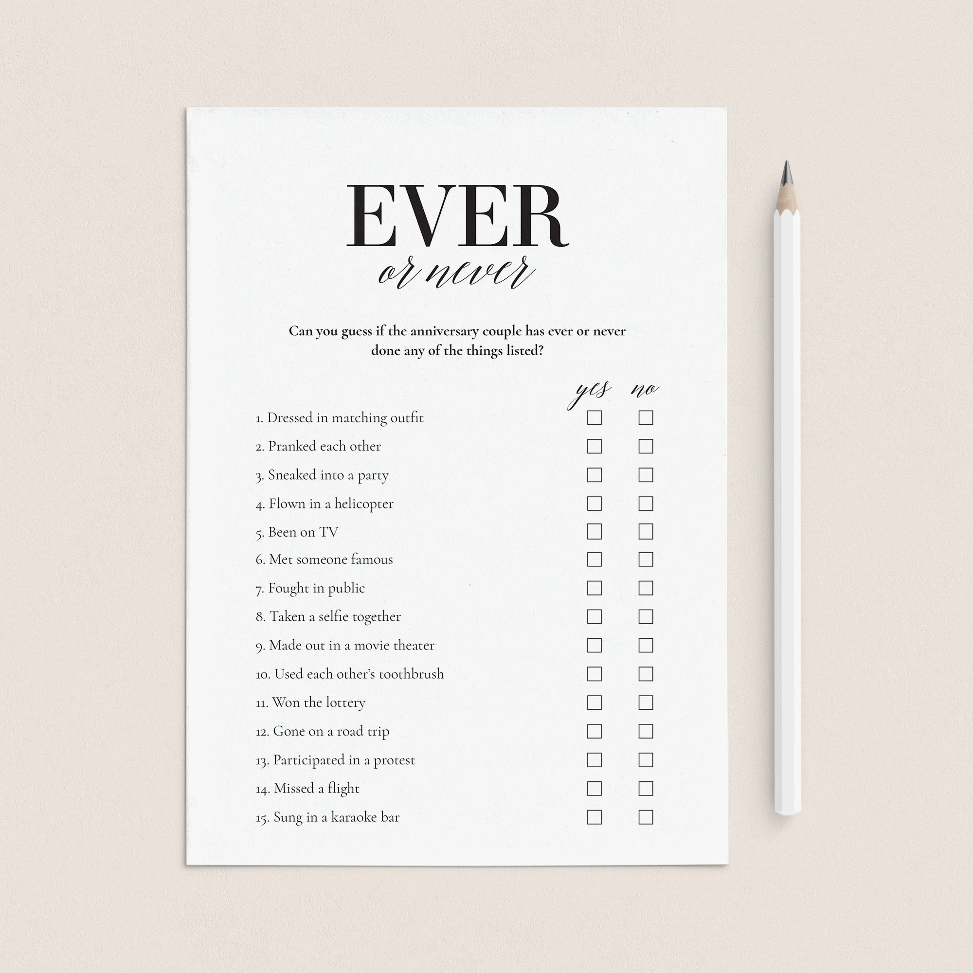 Wedding Anniversary Party Game Ever or Never Printable by LittleSizzle