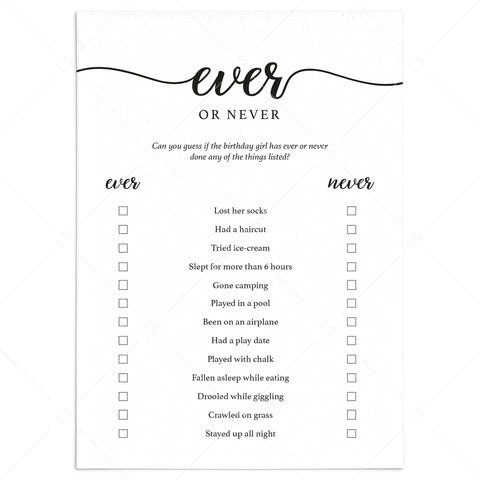 Girl 1st Birthday Party Game for Adults | Ever or Never Printable ...