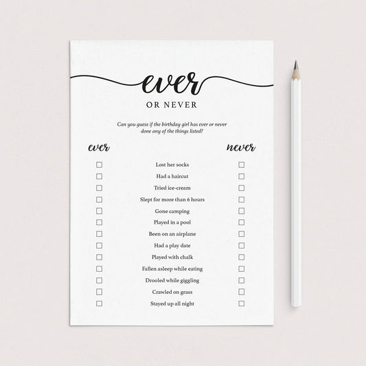 Girl 1st Birthday Party Game Ever or Never Printable by LittleSizzle