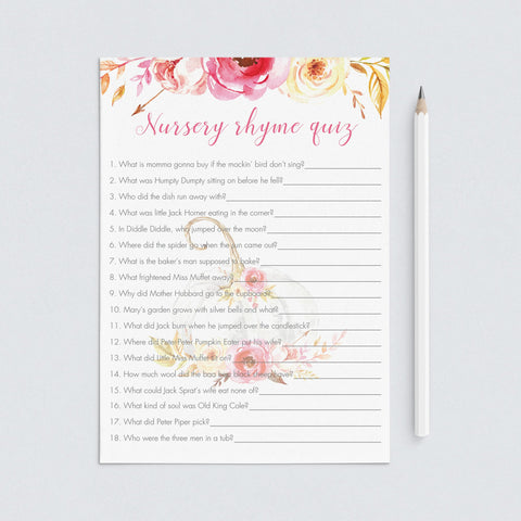 Pumpkin Baby Shower Nursery Rhyme Quiz Printable | Instant download ...