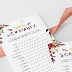 Printable word scramble game for baby shower fall theme by LittleSizzle
