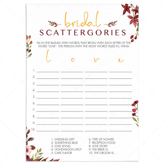 Boho bridal shower games scattergories printable by LittleSizzle