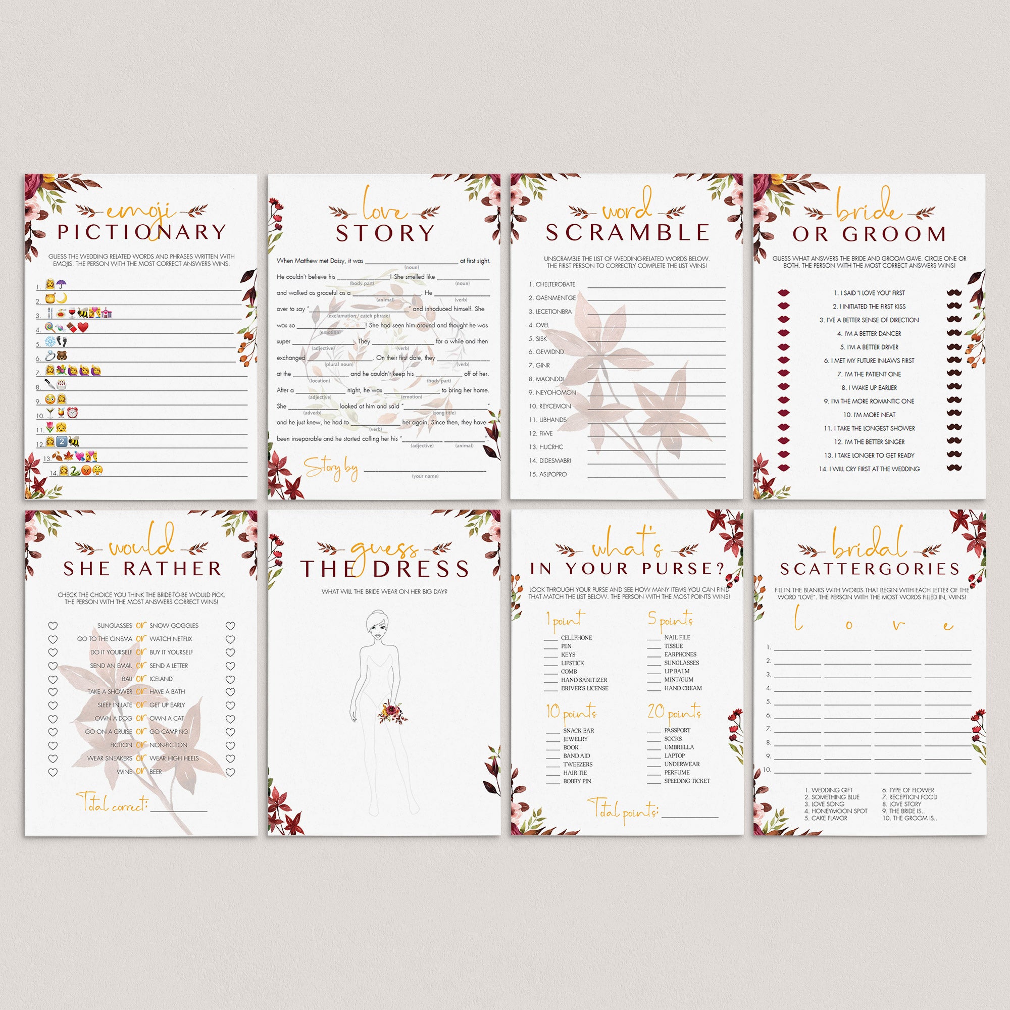 Burgundy Fall Bridal Shower Games Bundle Printable by LittleSizzle