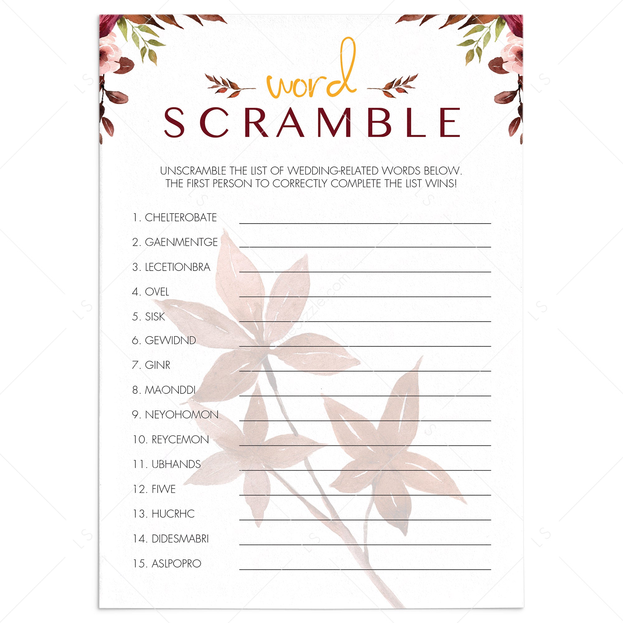 Autumn Leaves Bridal Shower Game Word Scramble Printable by LittleSizzle