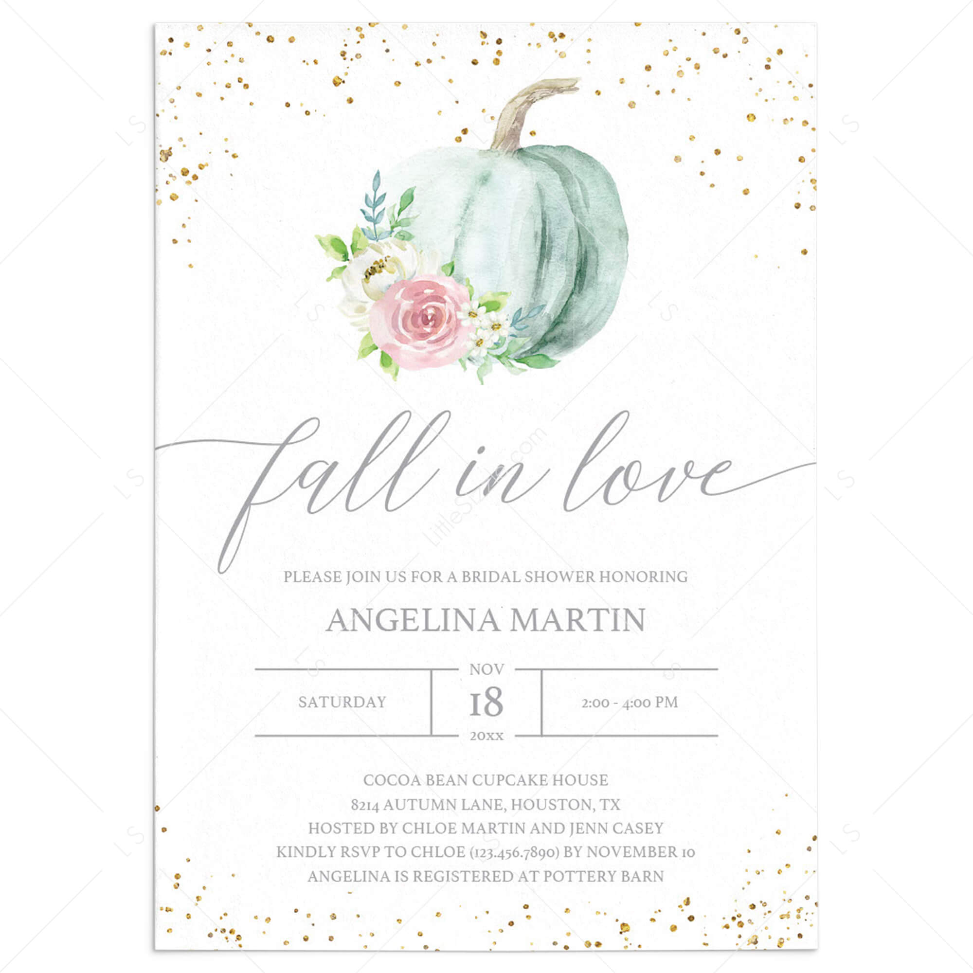Fall in Love Bridal Shower Invitation with Watercolor Pumpkin by LittleSizzle