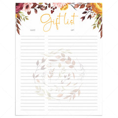 Fall themed gift list printable by LittleSizzle