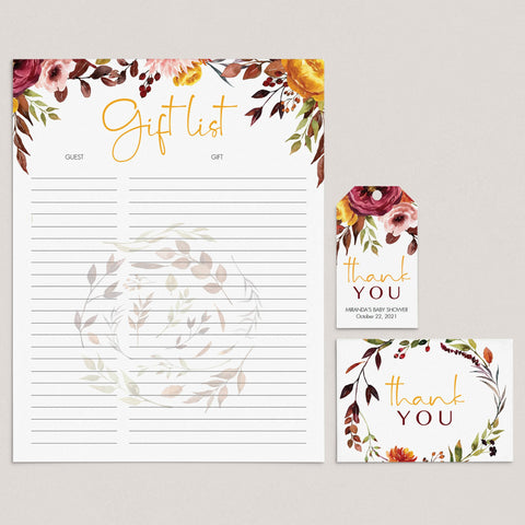Fall Party Printables | Burgundy Flowers | Gift List, Gift Tags, Thank ...