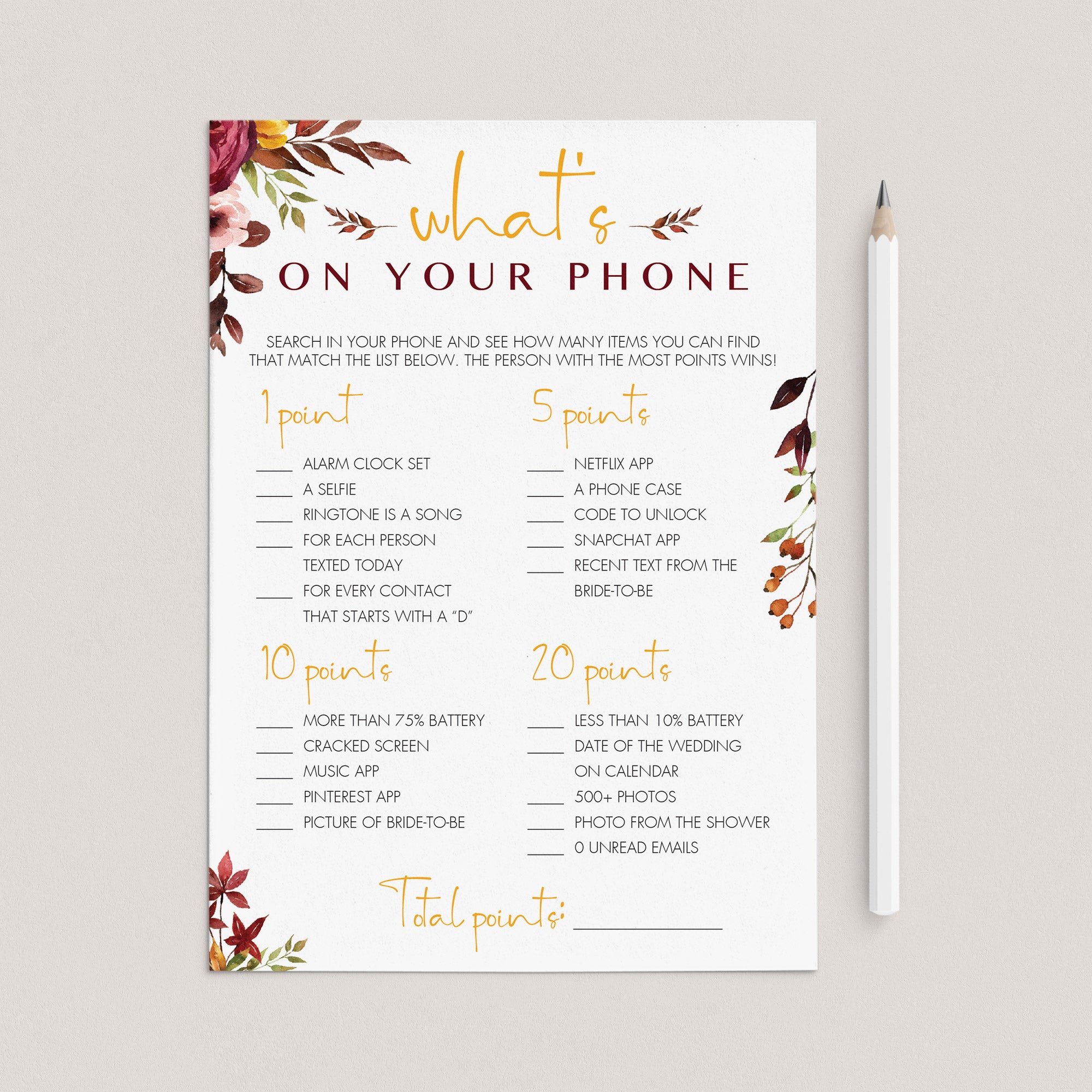 Bohemian Bridal Party Game What's On Your Phone by LittleSizzle