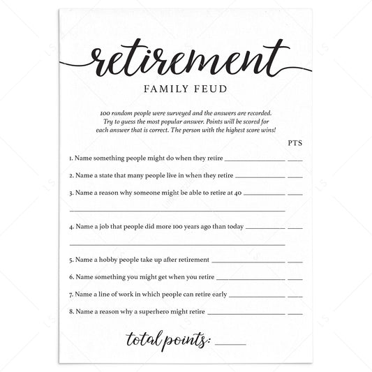 Retirement Feud Questions with Answers Printable by LittleSizzle