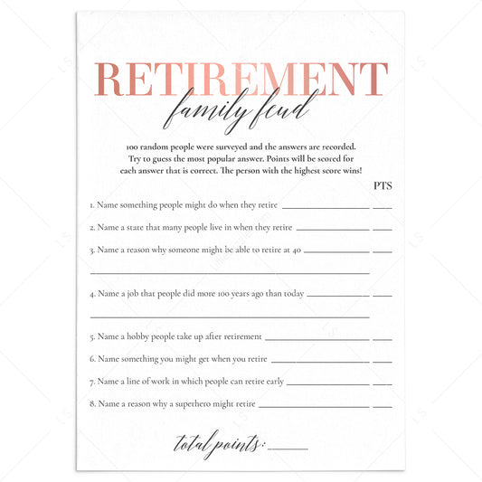 Blush Retirement Family Feud Game with Answer Key Printable by LittleSizzle