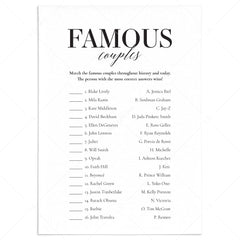 Famous Couples Game with Answer Key Printable by LittleSizzle