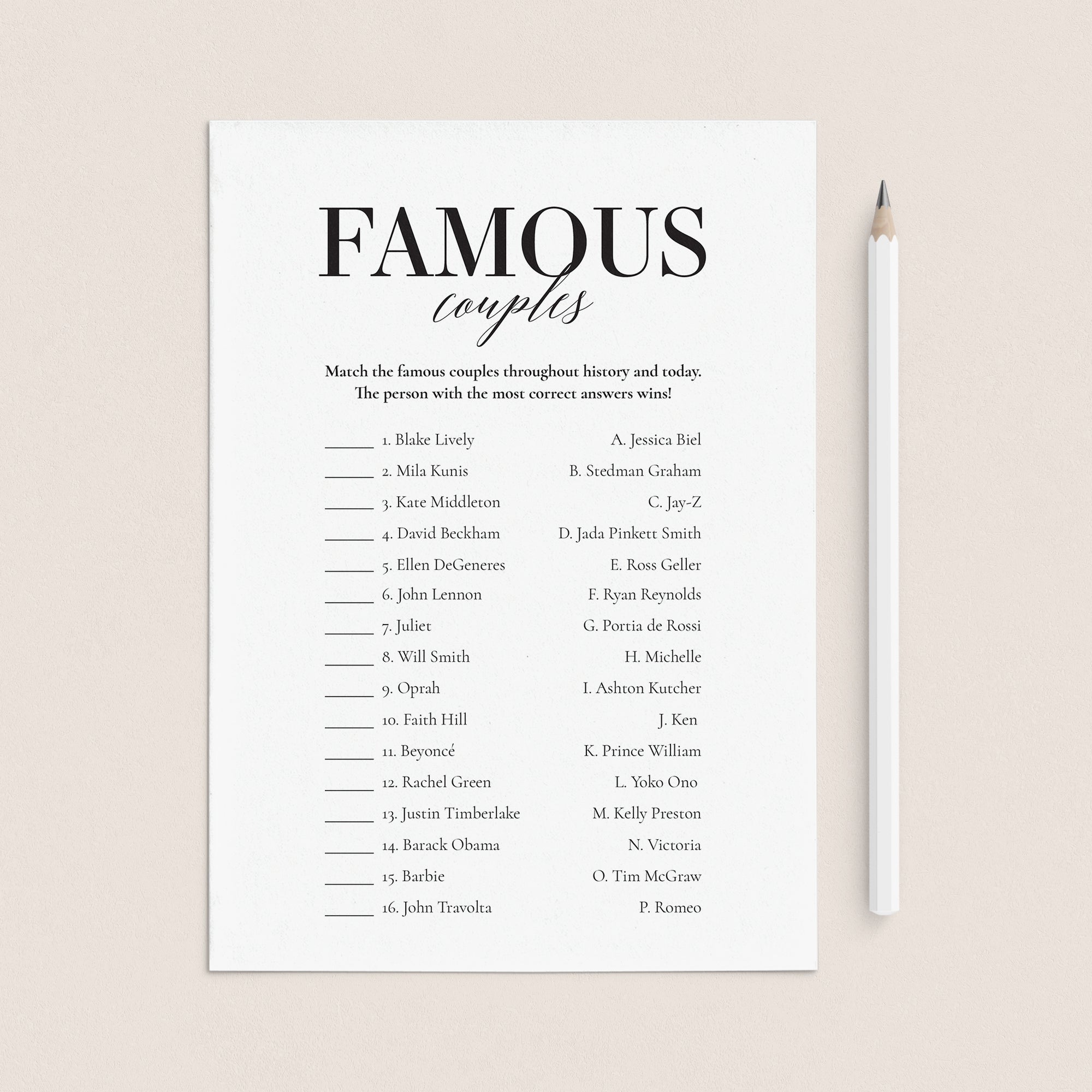 Famous Couples Game with Answer Key Printable by LittleSizzle