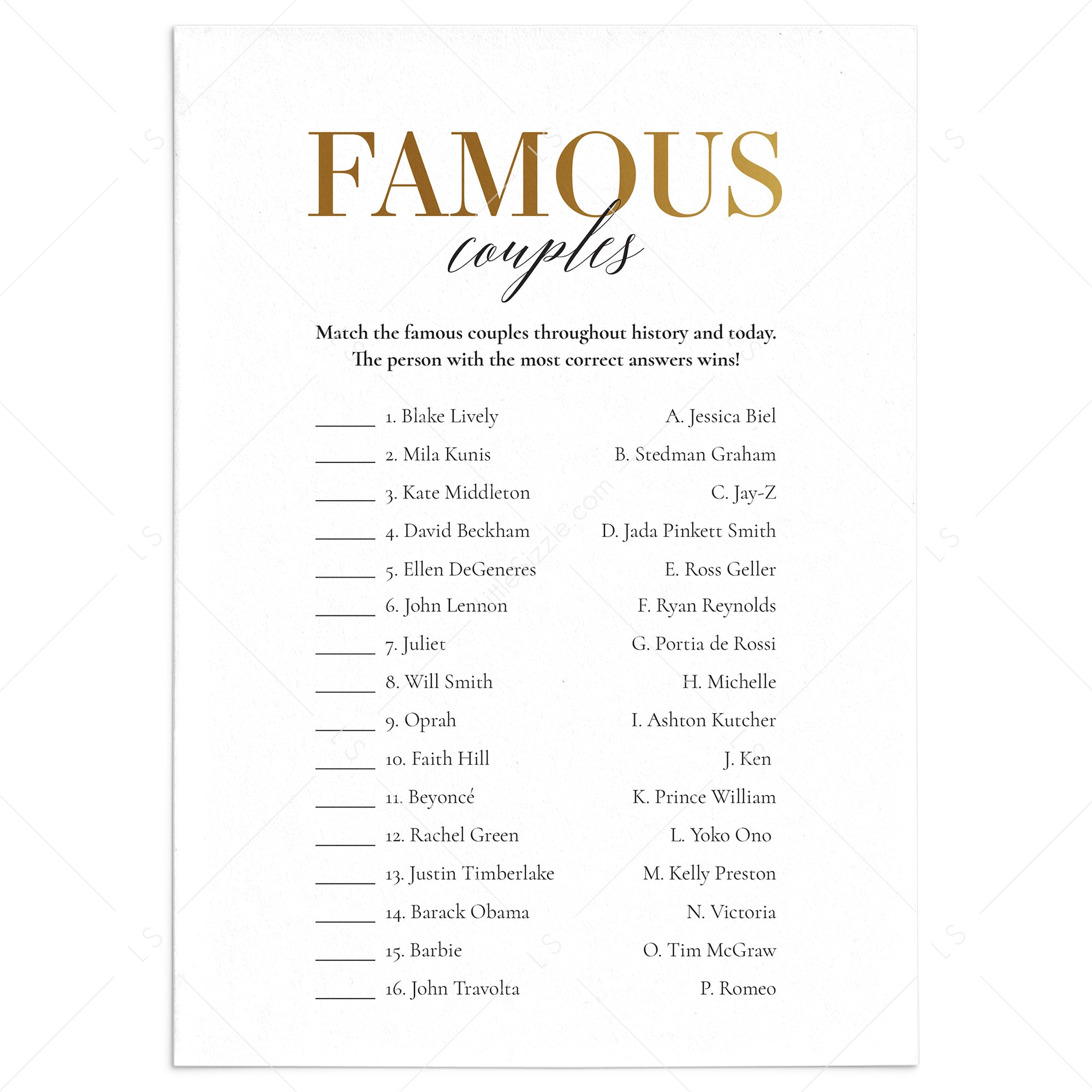 Gold Celebrity Couples Match Game with Answers Printable by LittleSizzle