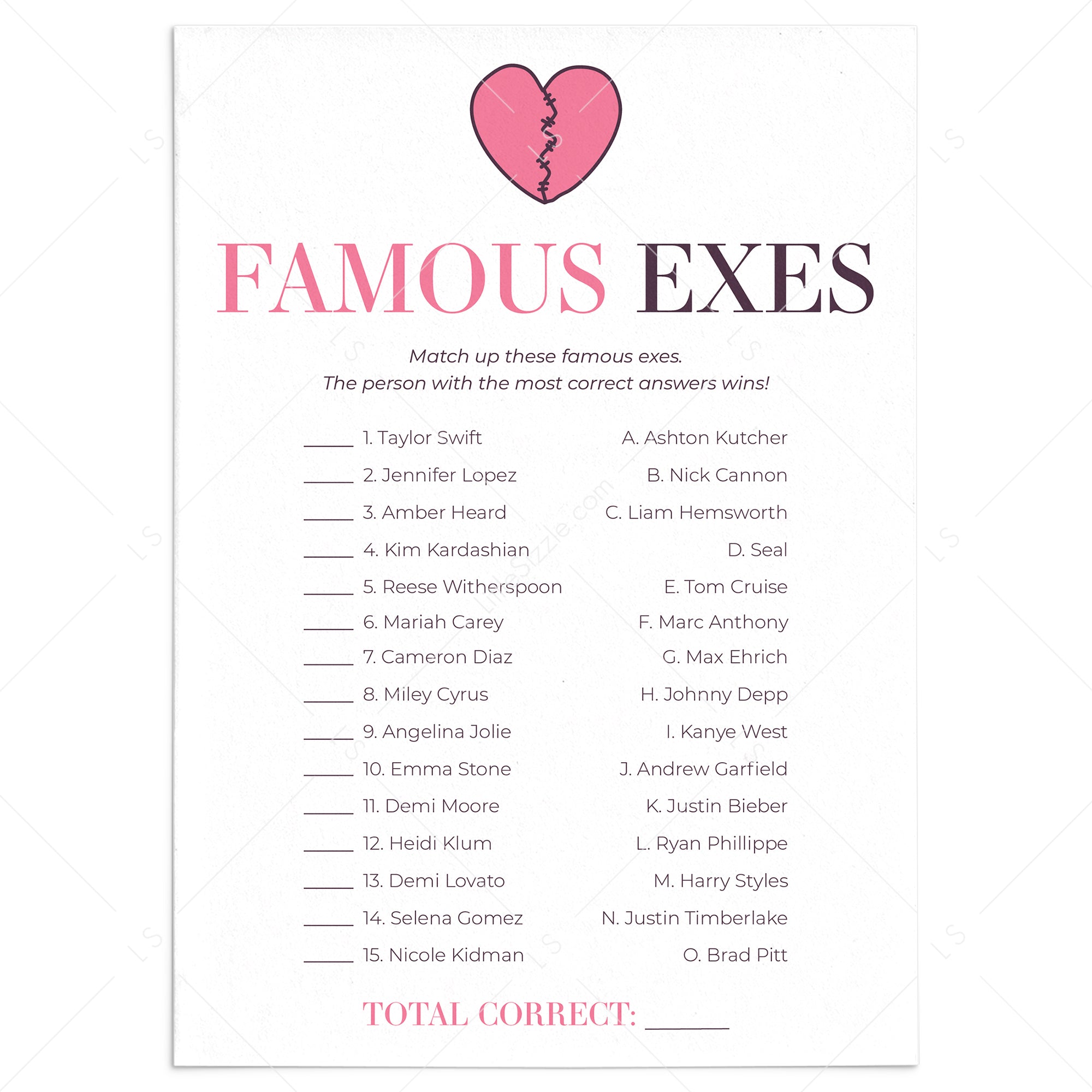 Famous Exes Match Game with Answer Key Printable by LittleSizzle