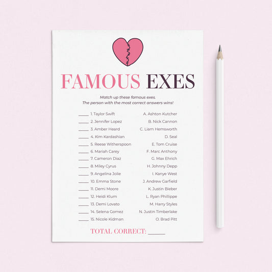 Famous Exes Match Game with Answer Key Printable by LittleSizzle