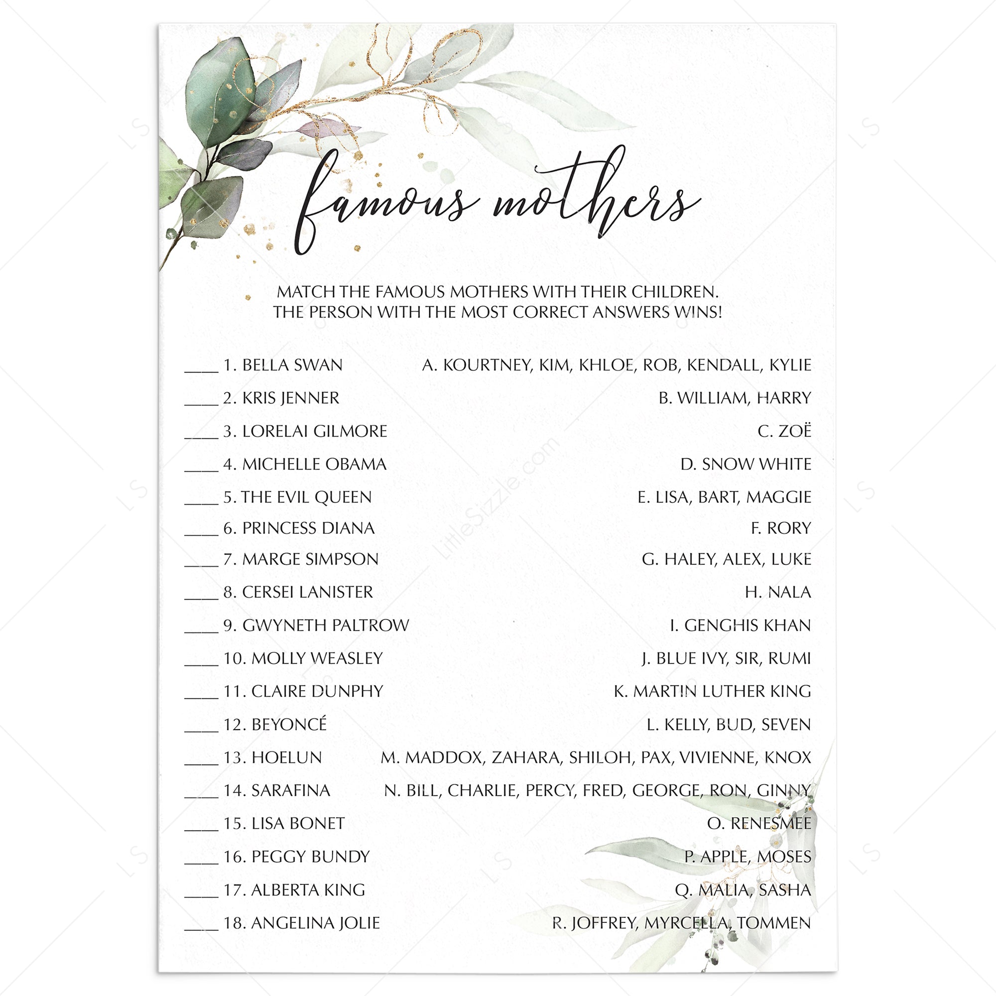 Famous Moms Game with Answer Key Printable by LittleSizzle