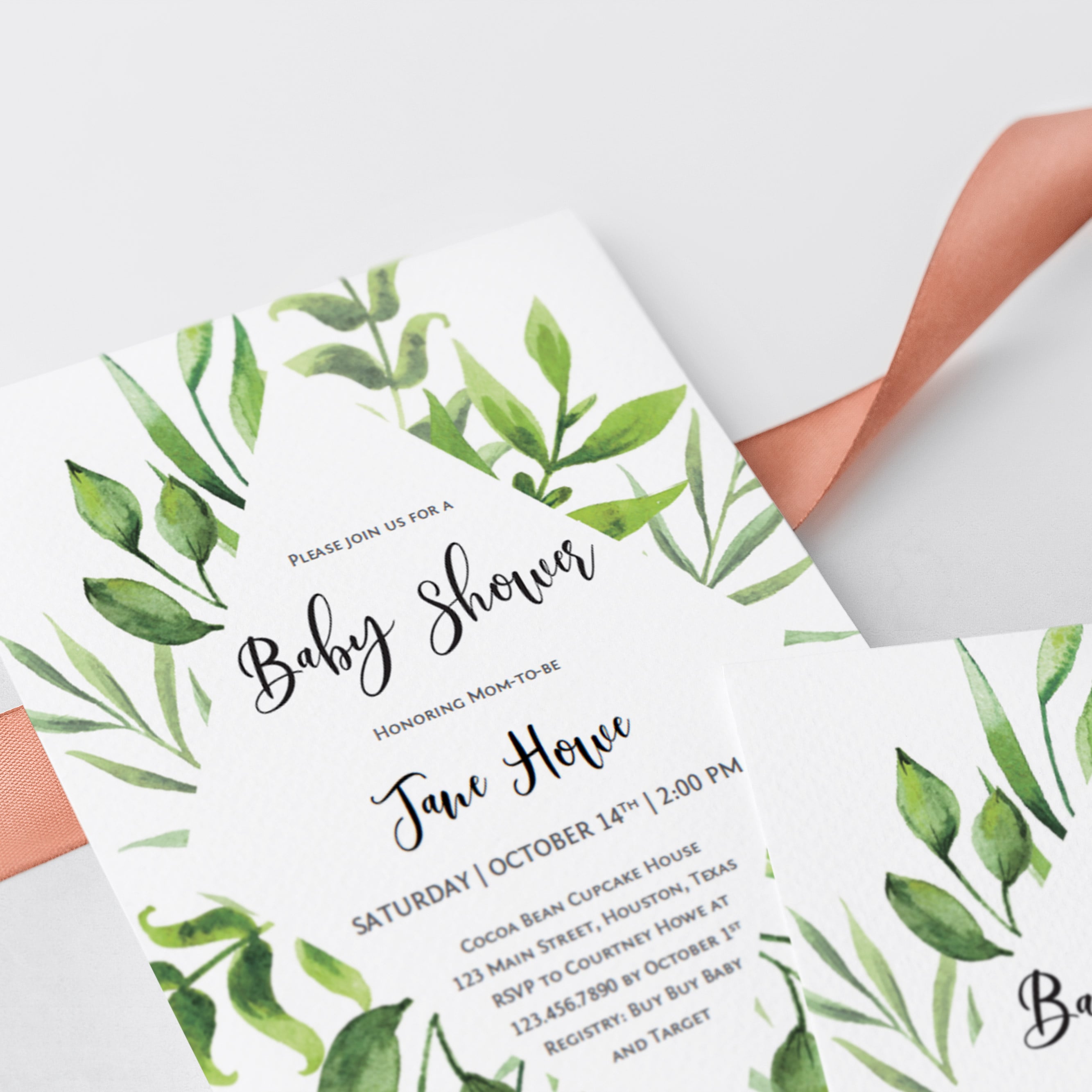 Watercolor leaves baby shower invite PDF template download by LittleSizzle