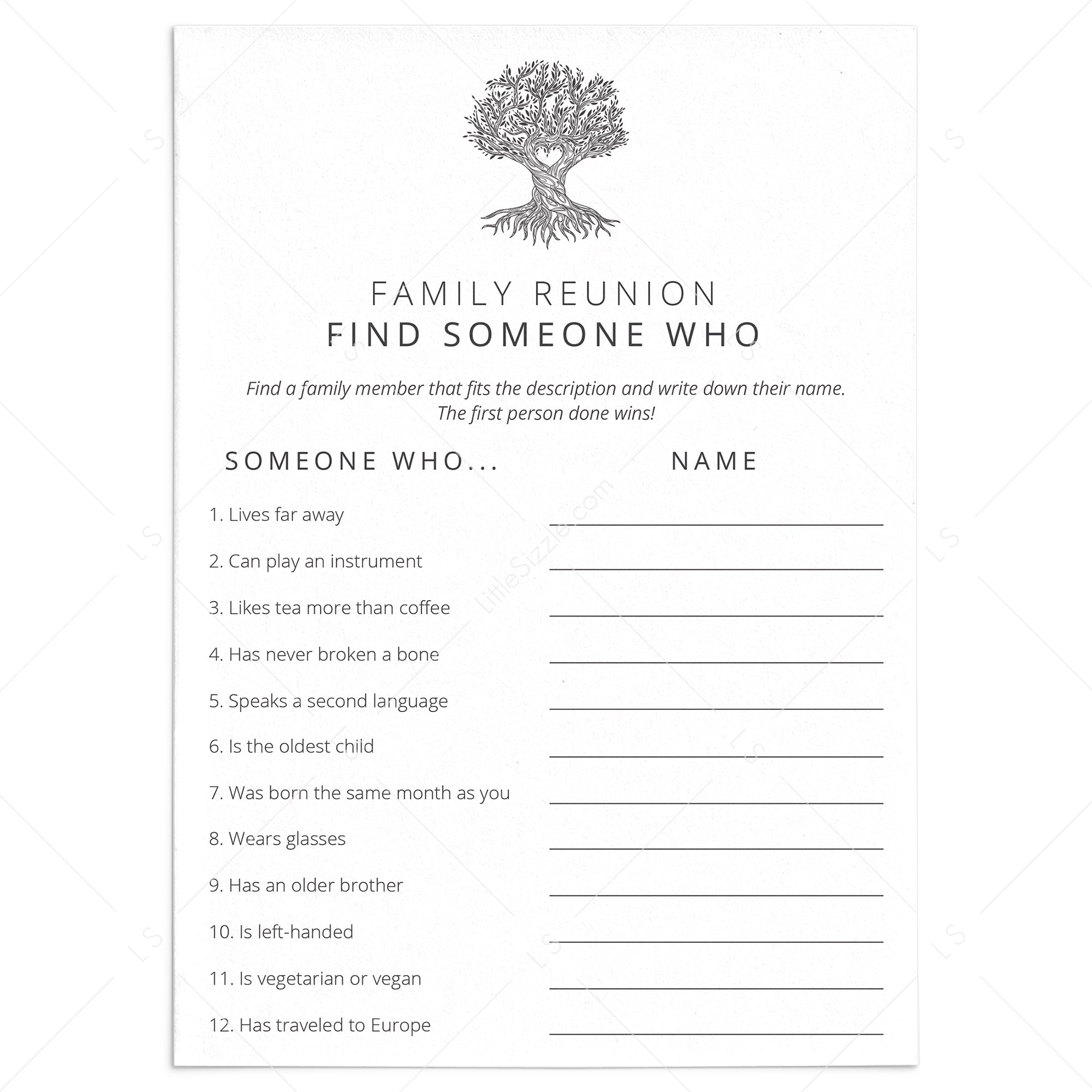 Printable Family Reunion Icebreaker Game Find Someone Who by LittleSizzle