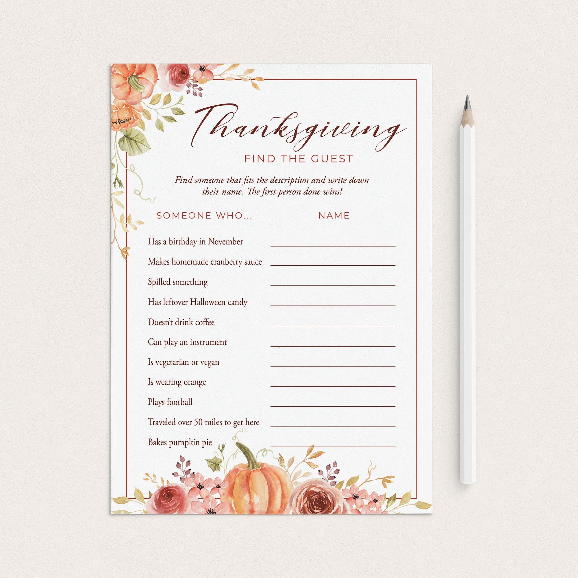 Thanksgiving Find The Guest Game Card Printable by LittleSizzle
