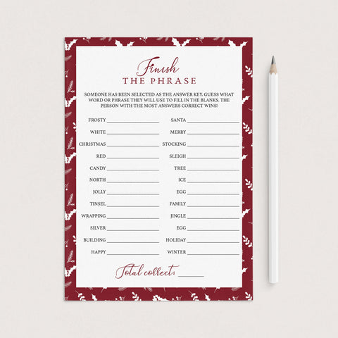 Christmas Finish The Phrase Game Printable | Red and White Holiday ...