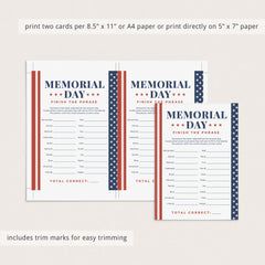 Printable Memorial Day Game for Family Finish The Phrase