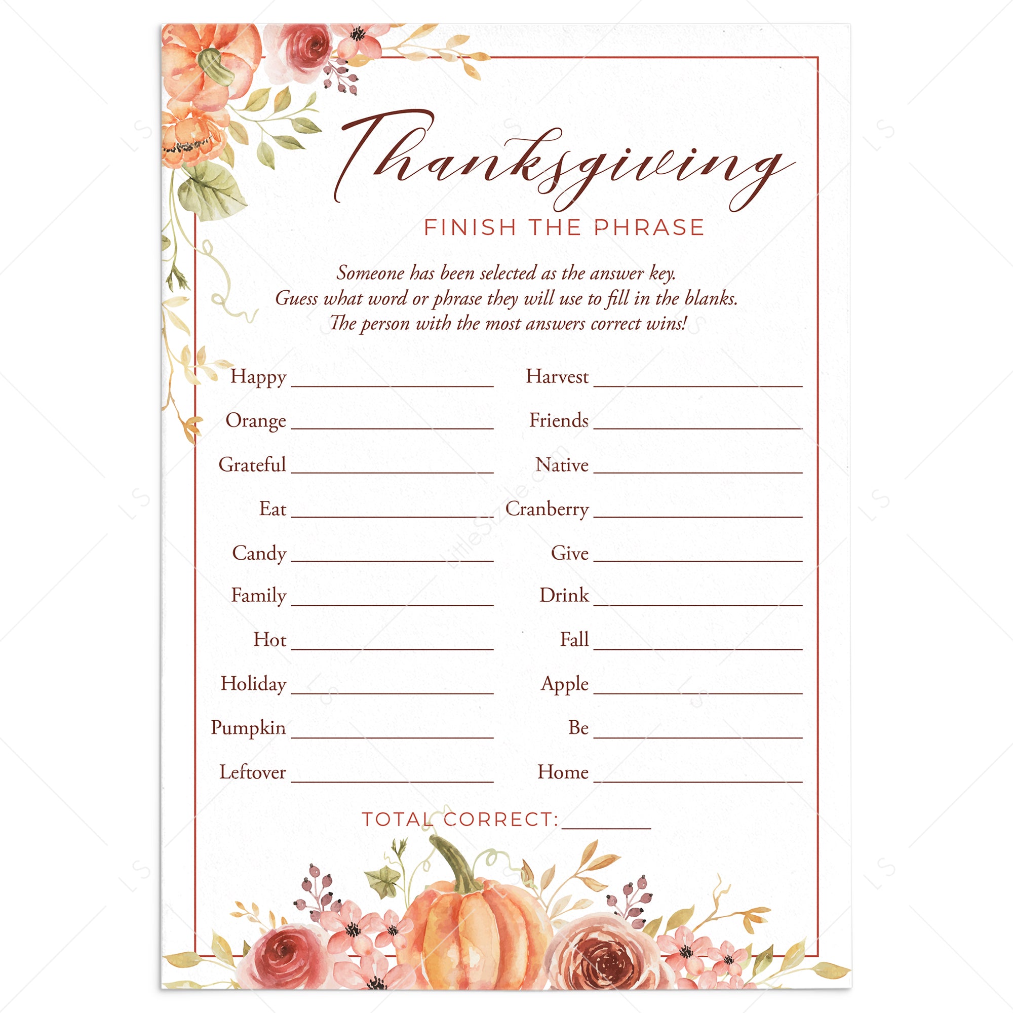 Friendsgiving Group Game Finish The Phrase Printable by LittleSizzle