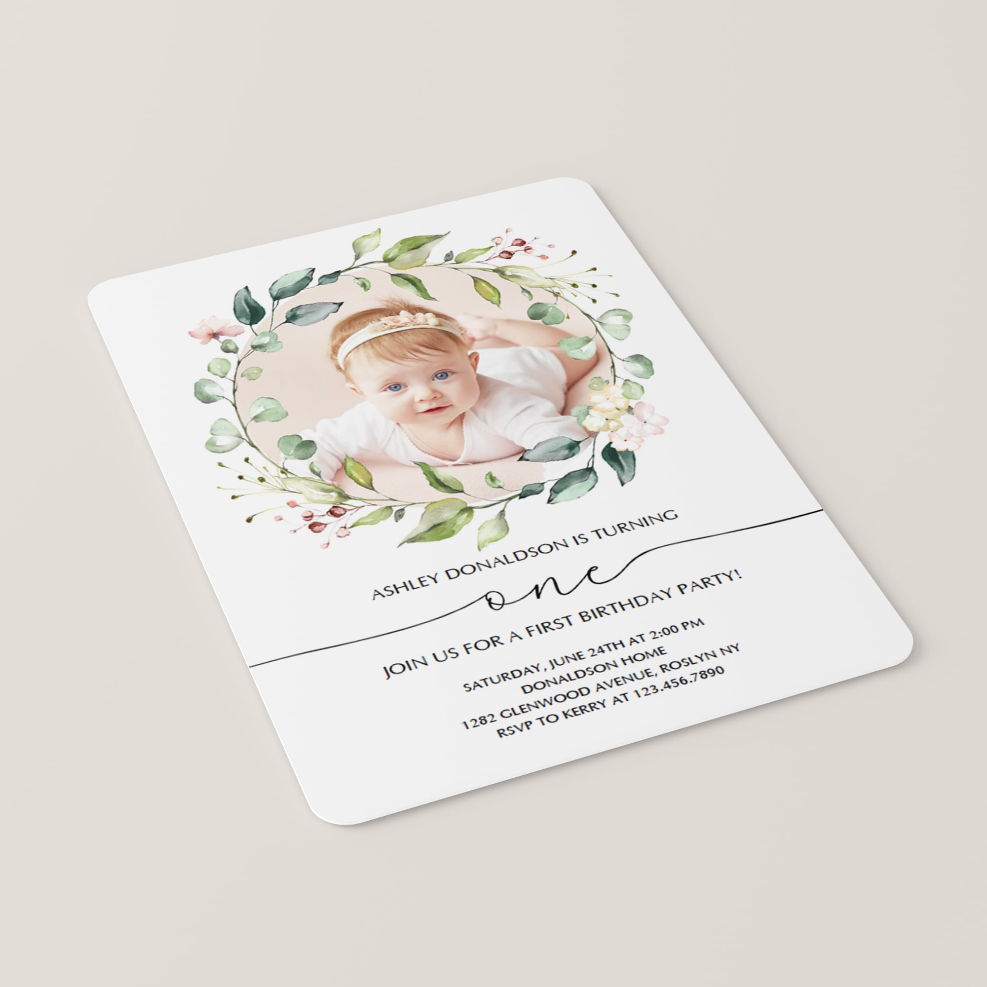 Editable first birthday invite template greenery by LittleSizzle