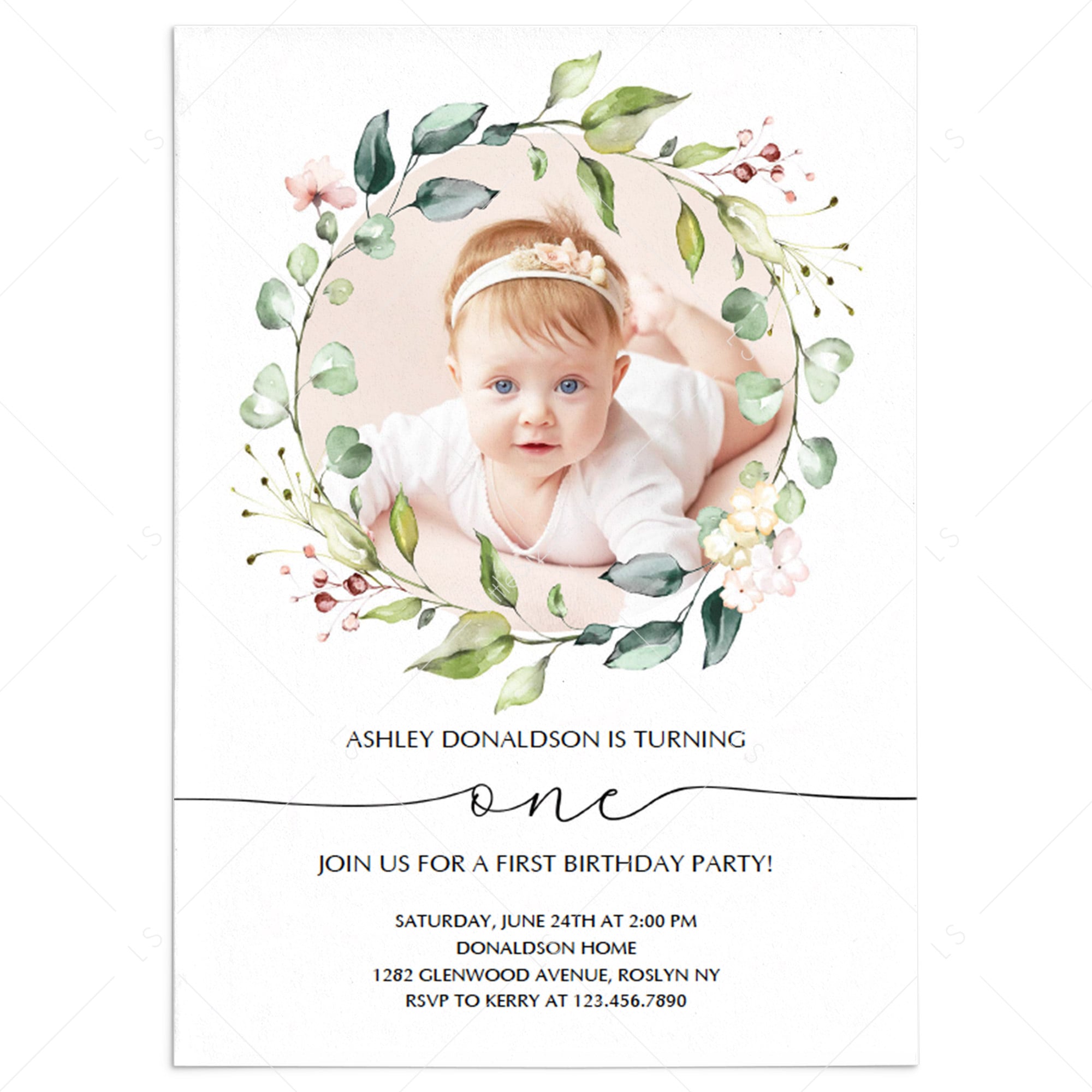 Photo First Birthday Invitation Template with Watercolor Leaves by LittleSizzle