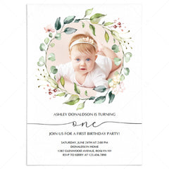 Photo First Birthday Invitation Template with Watercolor Leaves by LittleSizzle