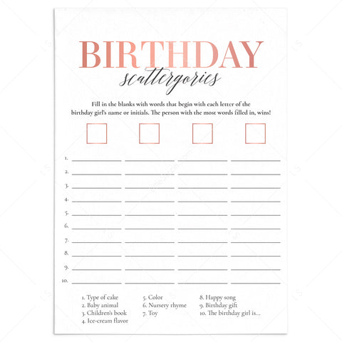 Girl First Birthday Party Game Scattergories Printable | Instant ...