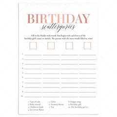 Girl First Birthday Party Game Scattergories Printable by LittleSizzle