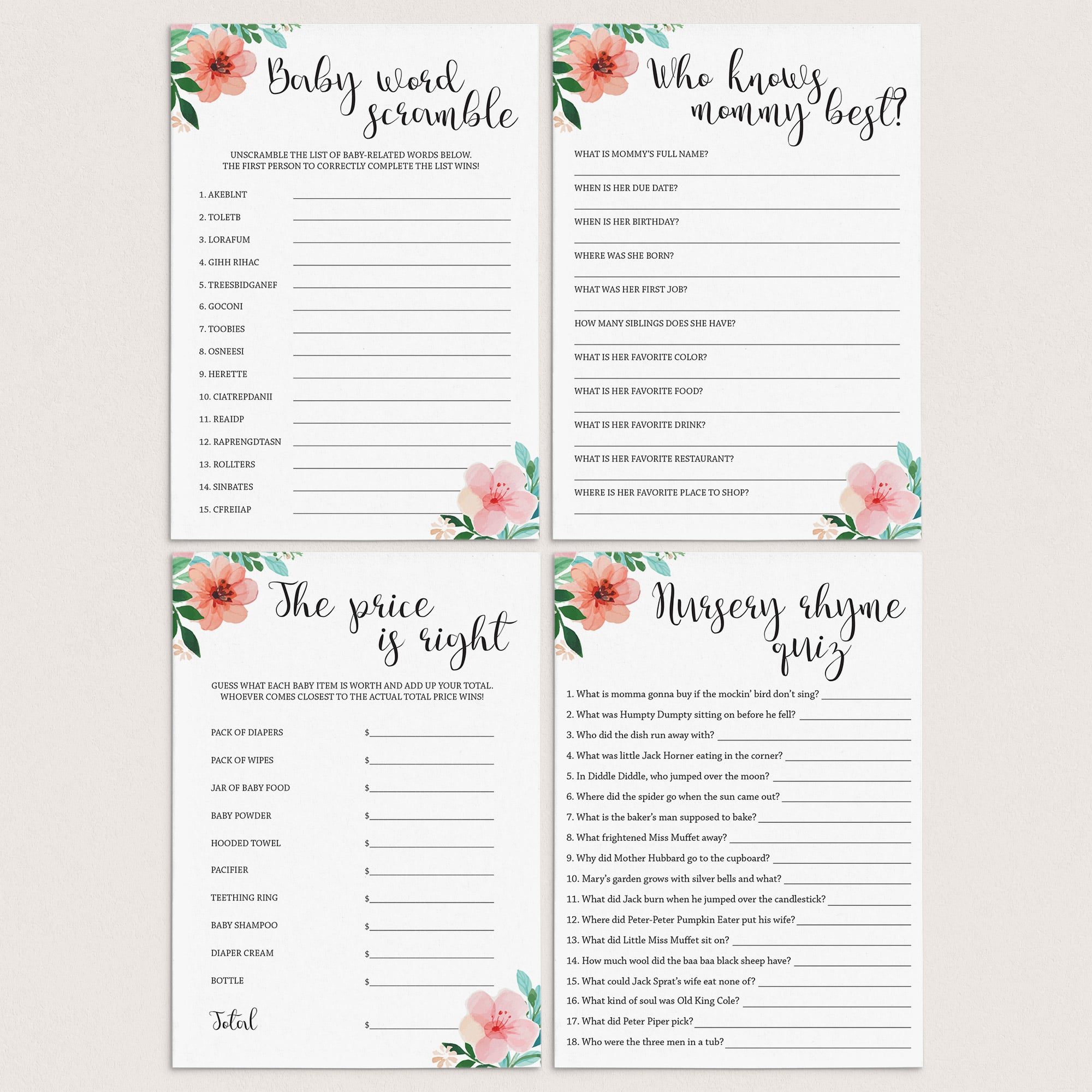 Printable baby shower games pack for girls by LittleSizzle