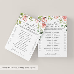 Blush Floral Would She Rather Birthday Party Game Printable