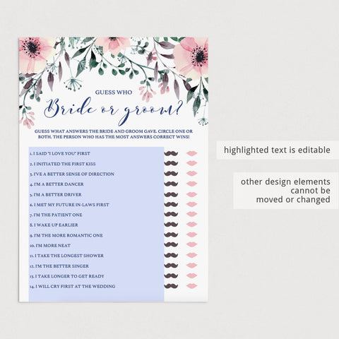 Bride or Groom Bridal Shower Games Cards Printable | Editable ...