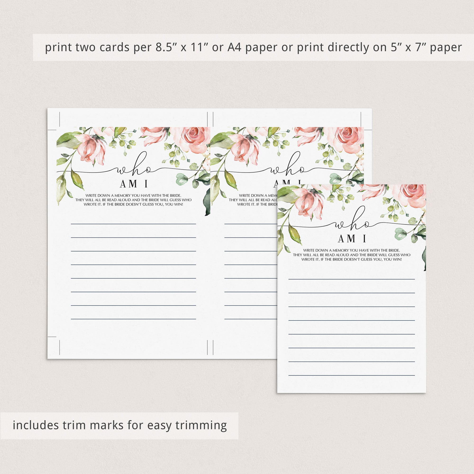 floral bachelorette party game who am i printable