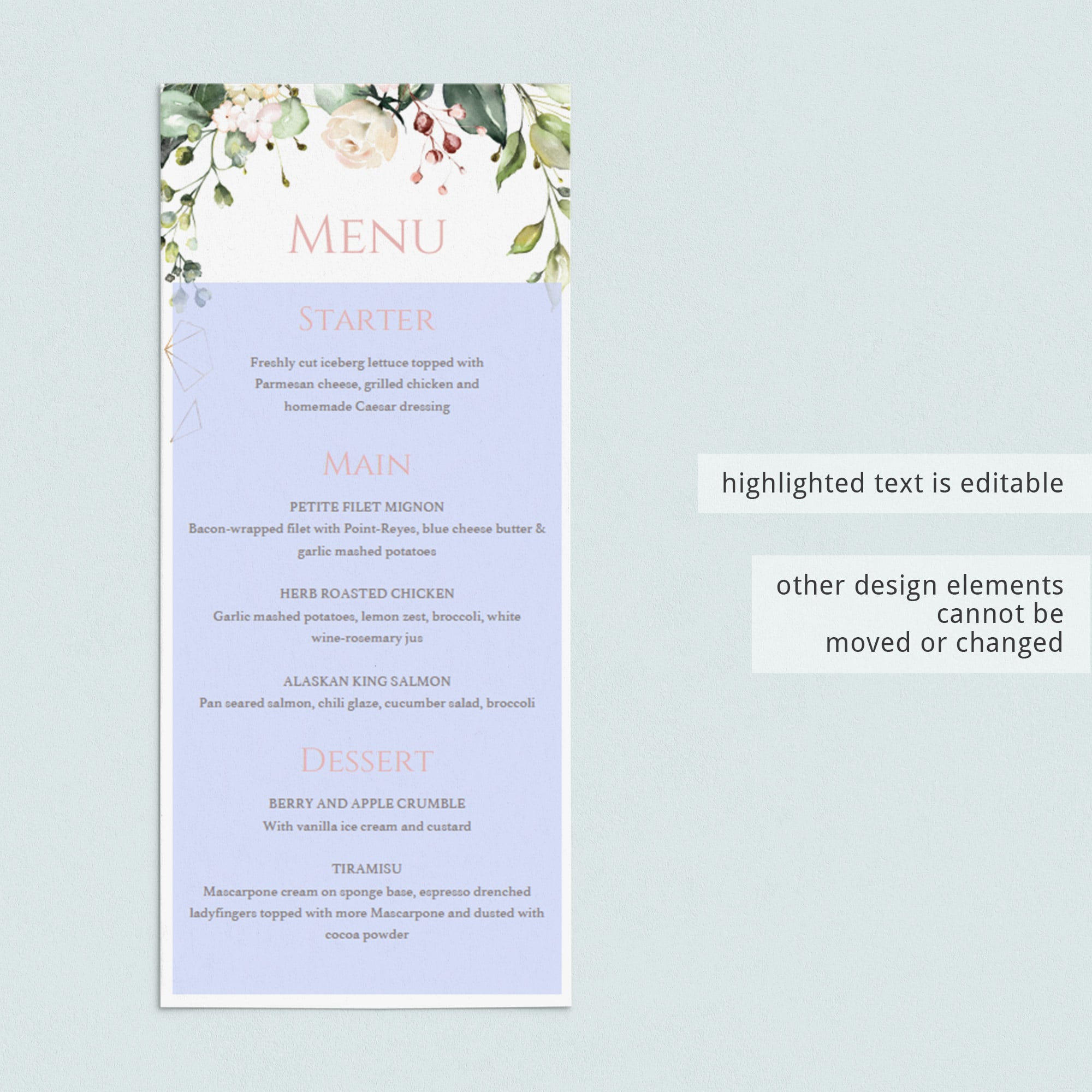 Editable menu card with watercolor flowers by LittleSizzle