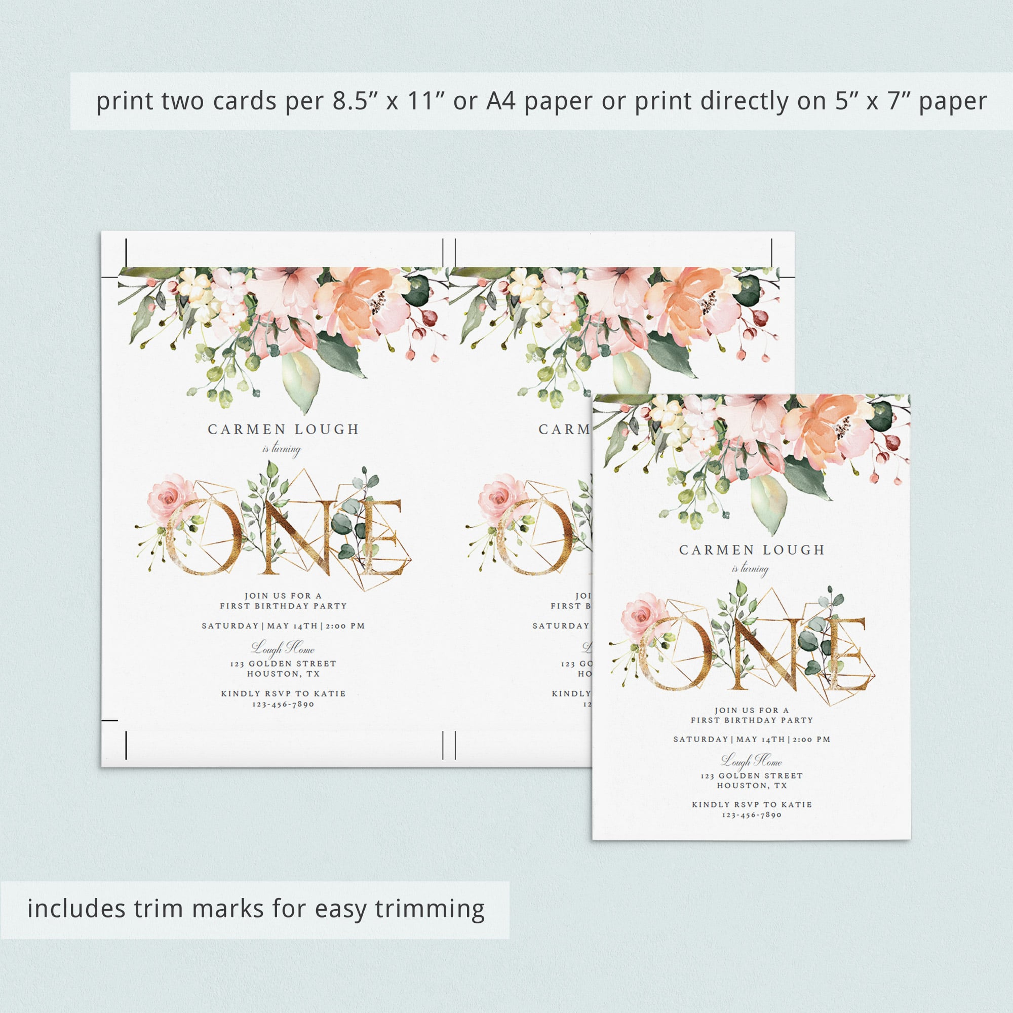 Blush floral digital first birthday evite template by LittleSizzle