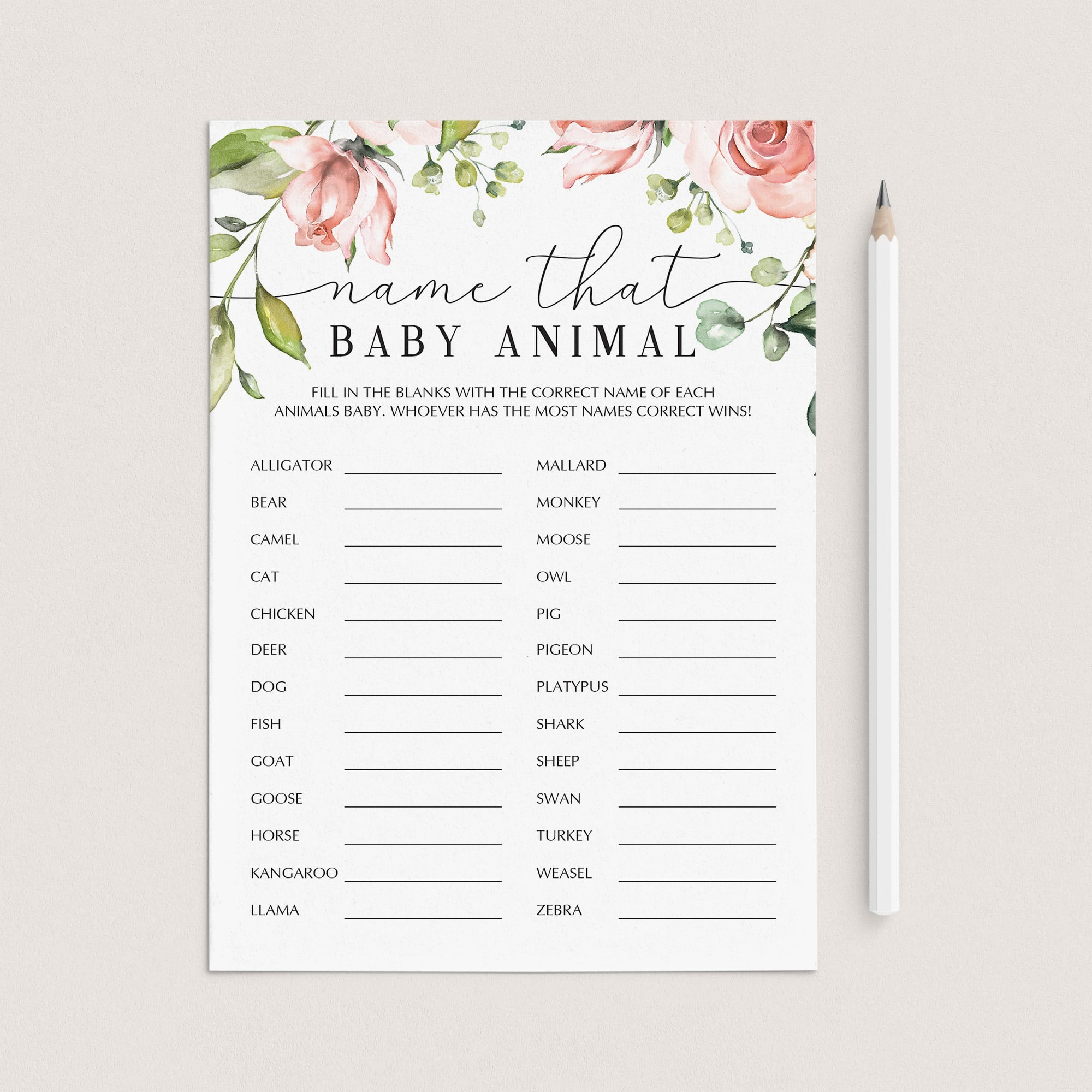 Baby animal floral baby shower game instant download by LittleSizzle