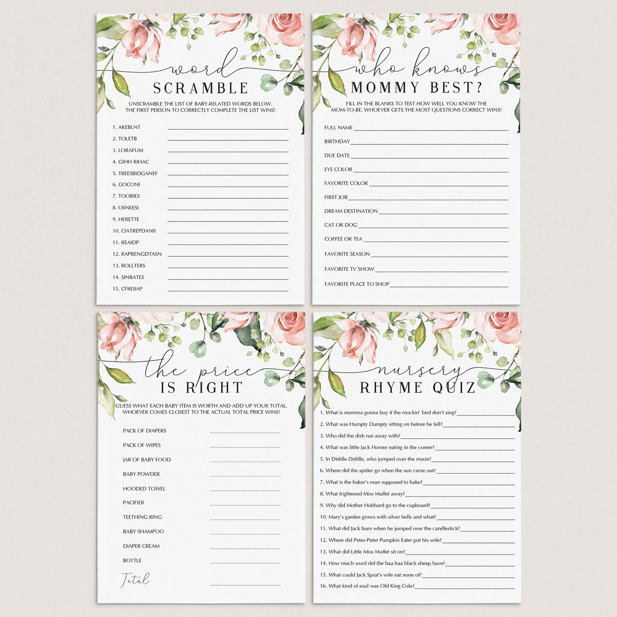 Blush baby shower games pack printable by LittleSizzle