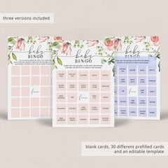 Blush Floral Baby Bingo Cards Prefilled, Blank and Game Template