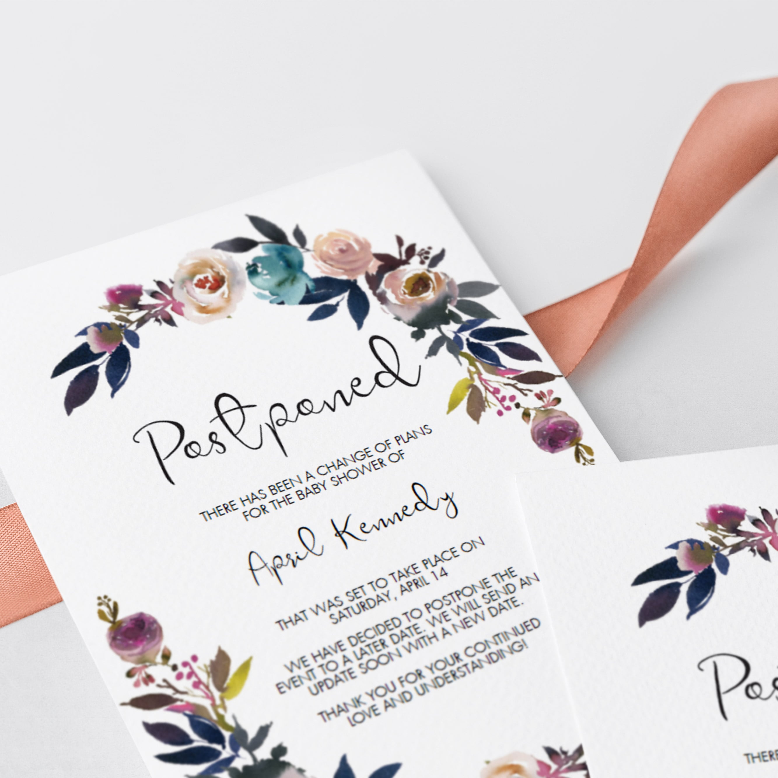 Postponed baby shower card editable pdf template floral theme by LittleSizzle
