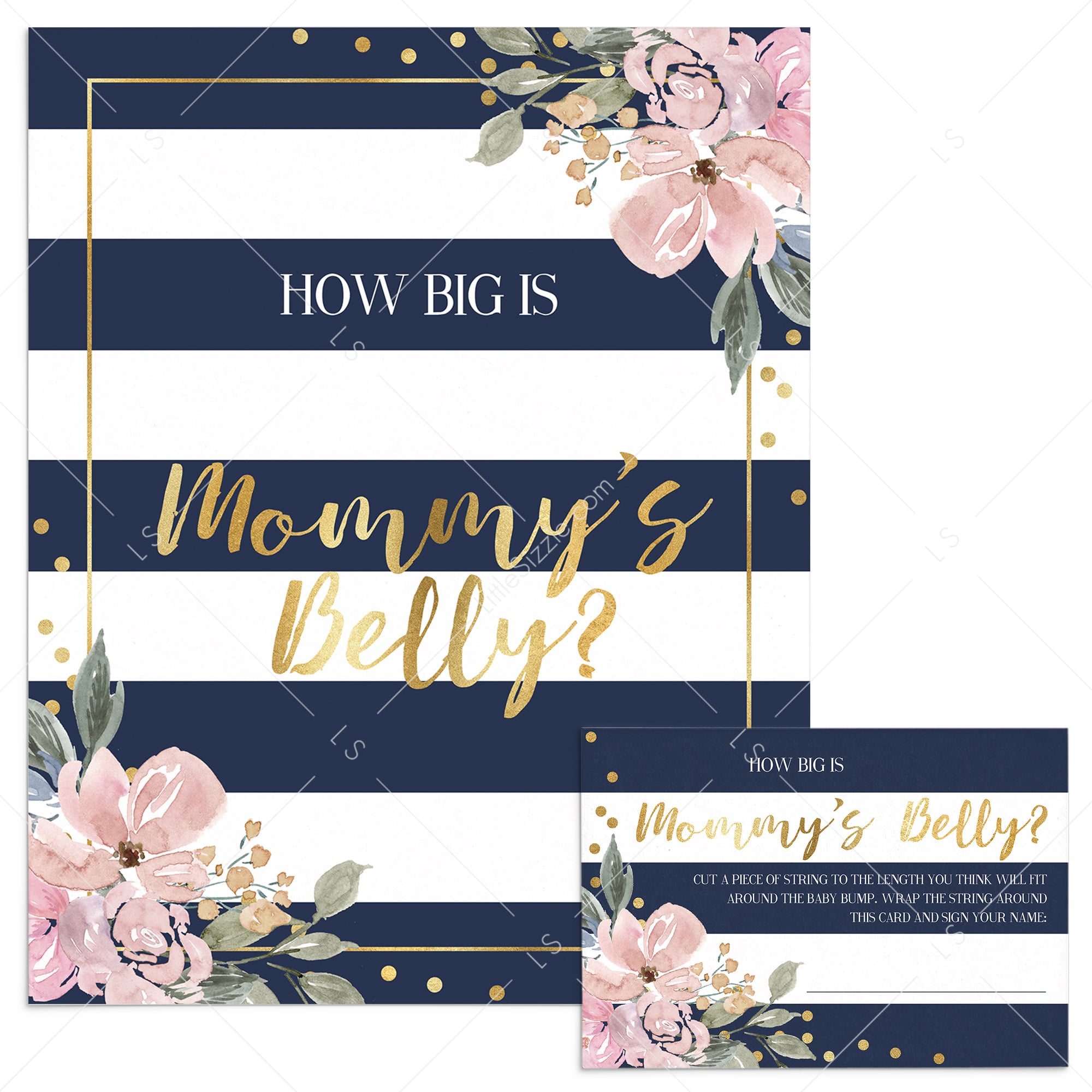 Gold floral and stripes baby shower game how big is mommys belly by LittleSizzle
