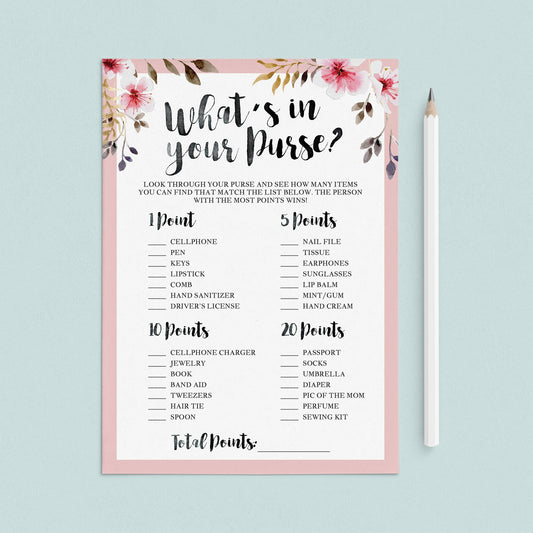 What's in your purse baby shower game pink floral by LittleSizzle