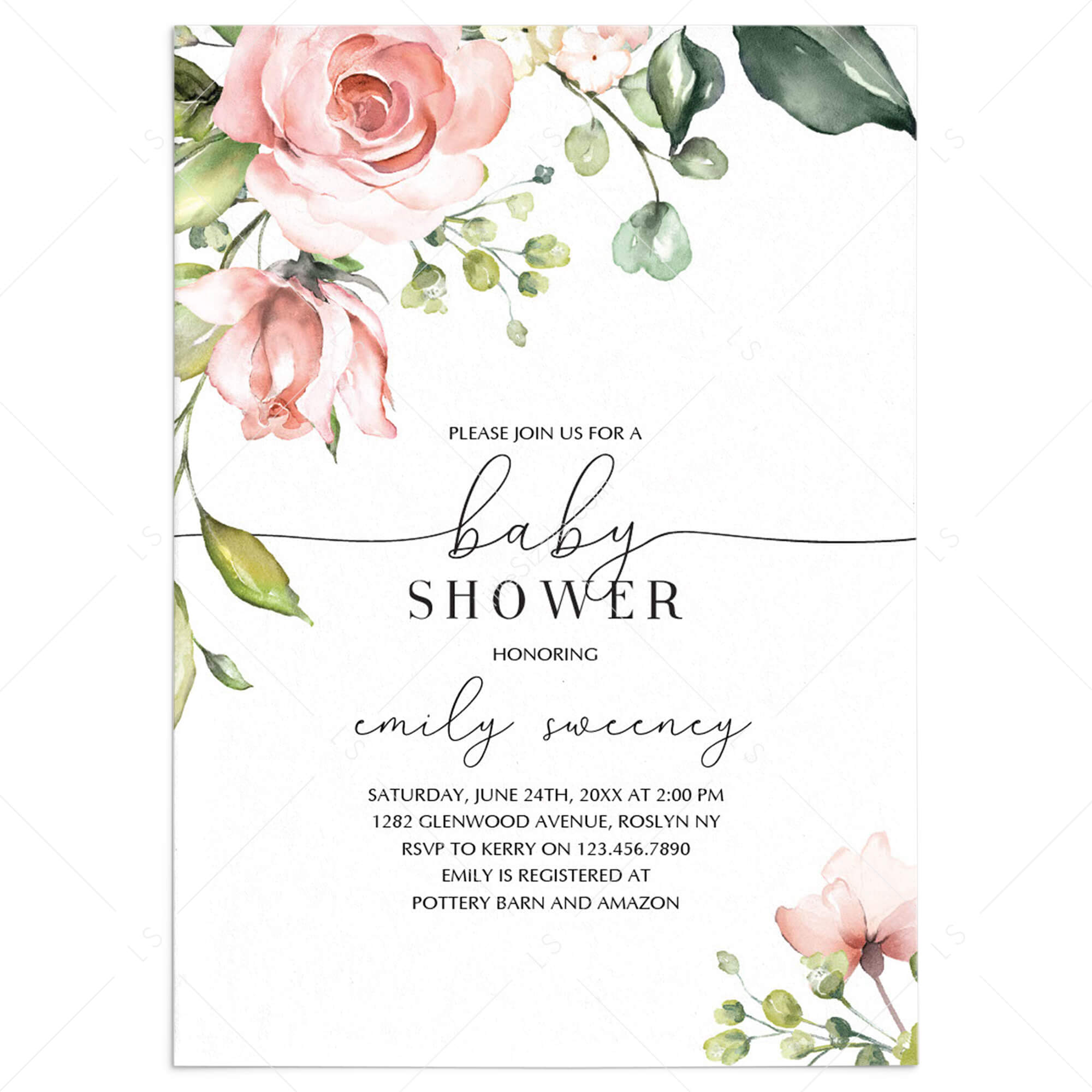 Blush Floral Baby Shower Invitations Download by LittleSizzle