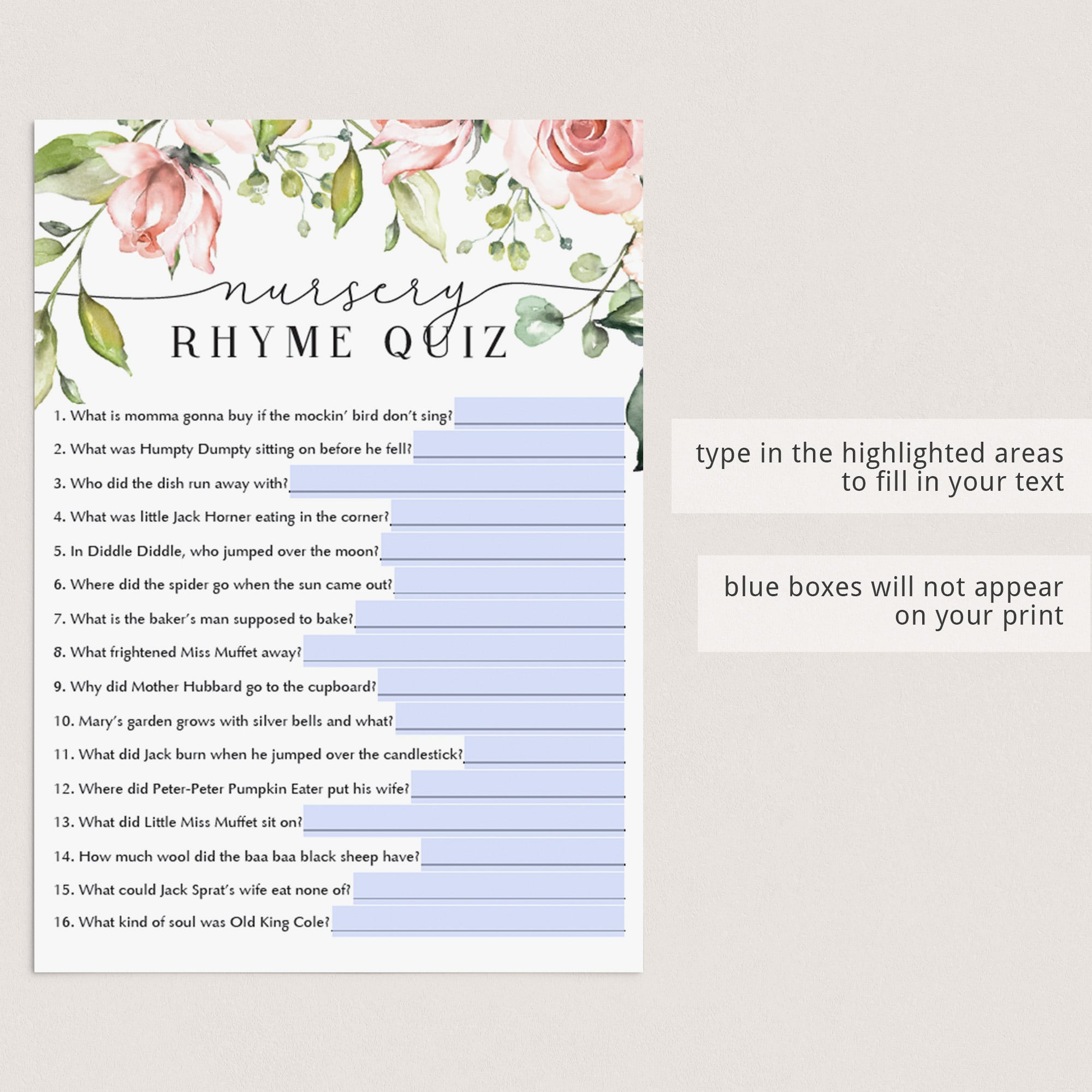 Virtual baby shower nursery rhyme quiz download by LittleSizzle