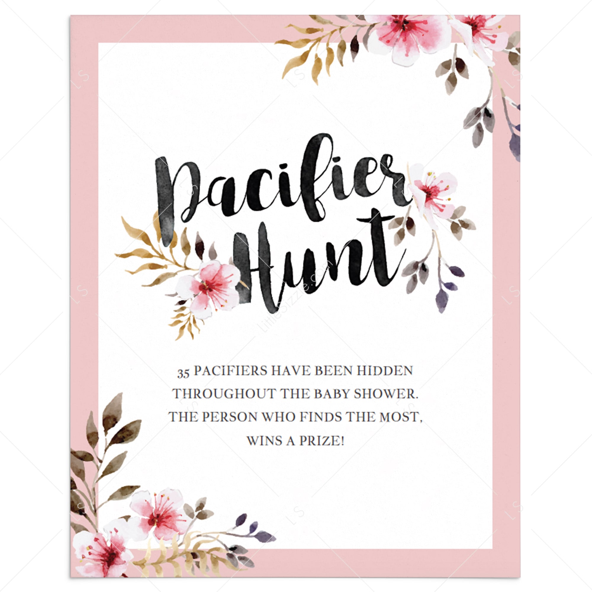 Pacifier hunt sign blush flowers baby shower by LittleSizzle