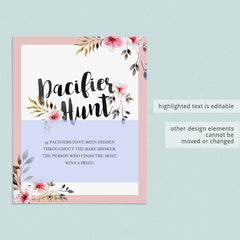 Pacifier Hunt Sign with Blush Flowers Editable PDF Template